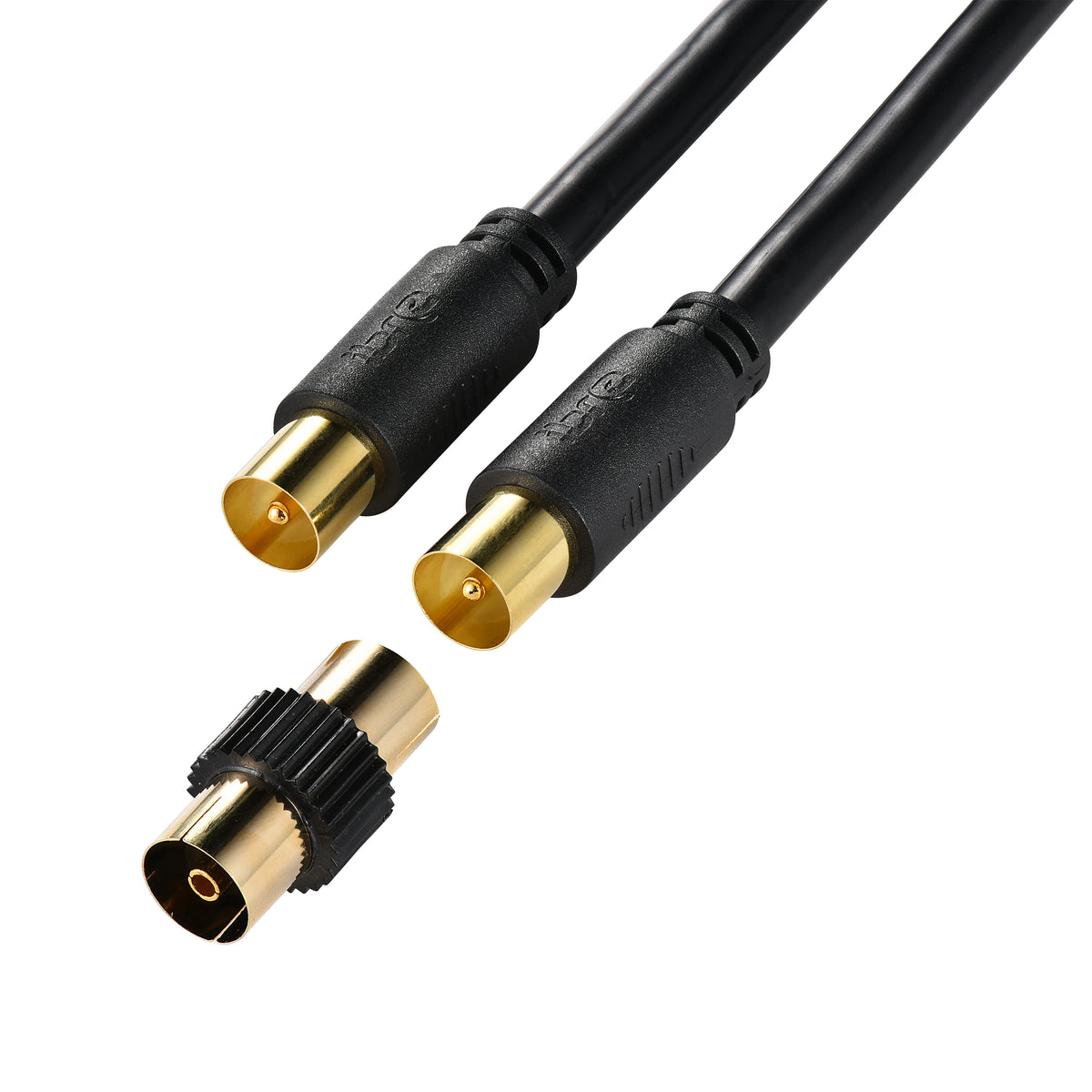 IBRA Aerial Coaxial Cable 7.5M with Gold-Plated Connectors, Male to Male RF Coax Lead with Female Adapter Coupler for Freeview, Freesat, Sky, Virgin, BT, You View, Satellite TV - Black