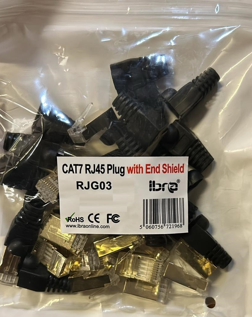 IBRA CAT7 RJ45 Plug Connectors Shielded with Plastic End Shield Black Boots for Ethernet Cable – High-Performance Networking Solution for Secure and Reliable Connections - 20 Pieces