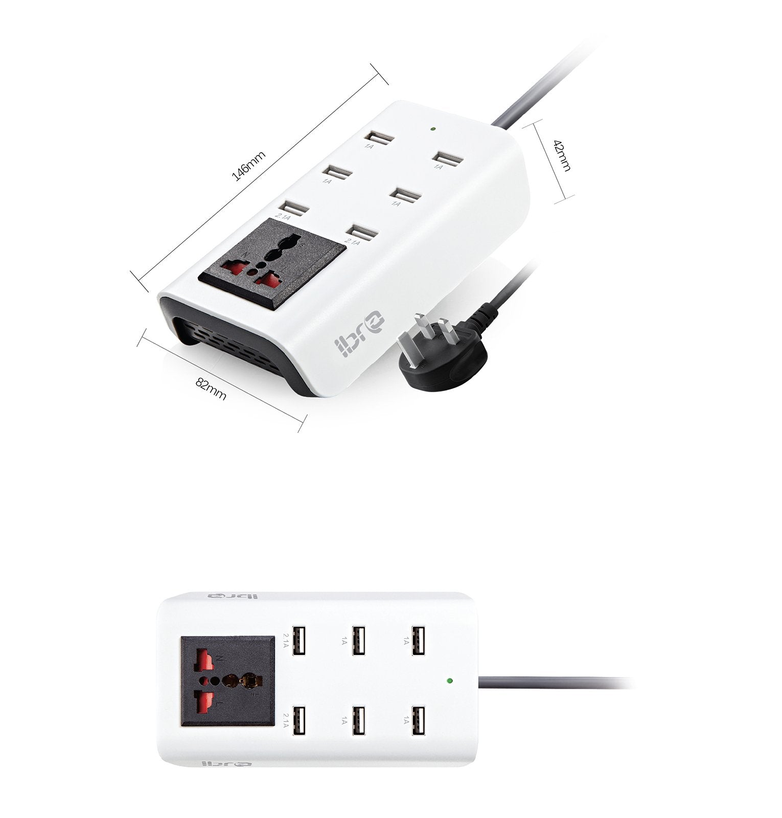 IBRA Power Strip, Extension Lead 1 Way Outlet with USB Charger 6 USB Ports 8.2A Charger Power Socket UK Plug Adaptor Surge Protector USB Socket for iPhone iPad Smartphones Tablets Computers etc