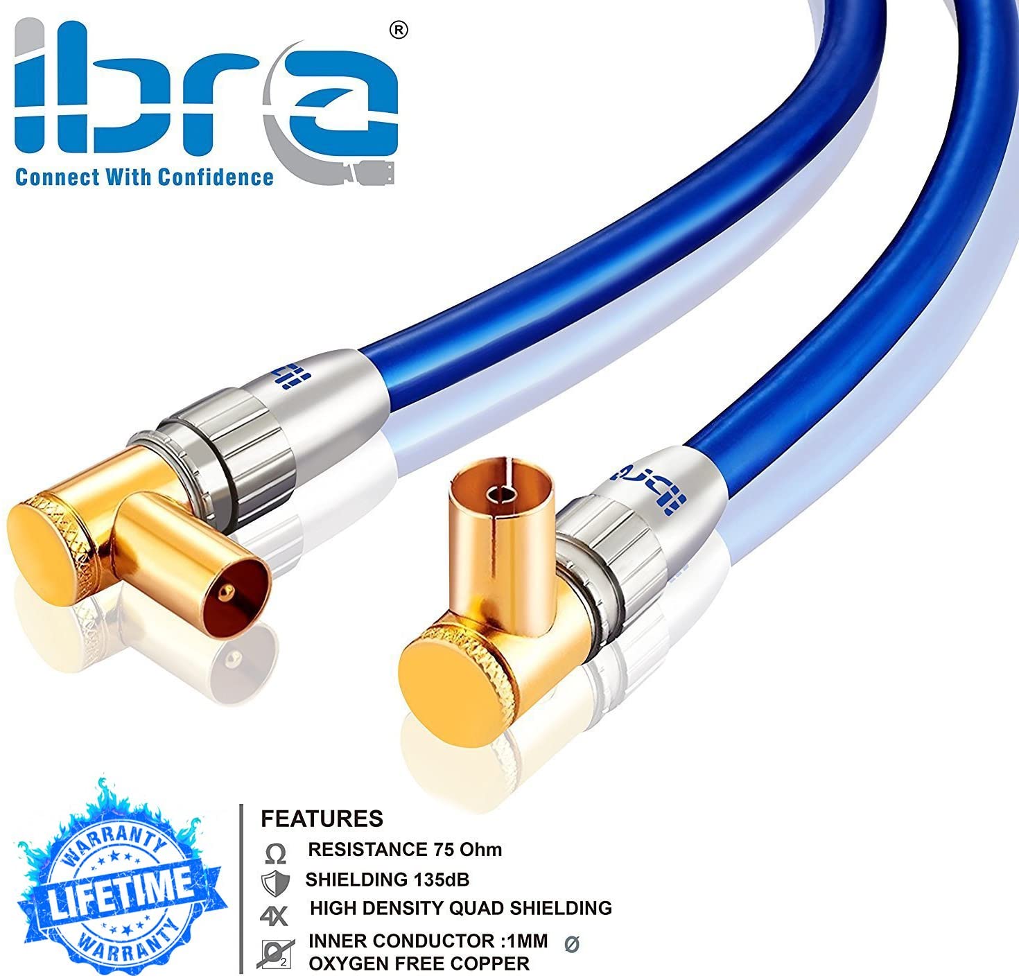 Premium RF Right Angle TV Aerial Freeview Plug Video Cable & Coupler GOLD 0.5m - IBRA Blue Gold