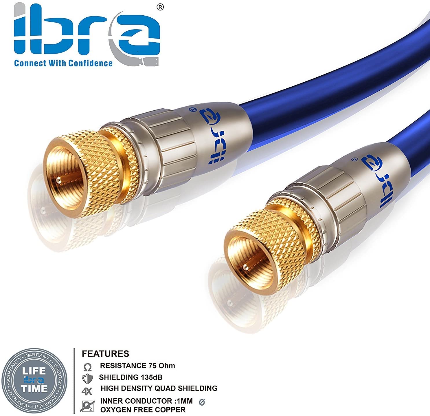 IBRA 5m HDTV Satellite Cable | Coaxial SAT Cable 75 Ohm | Connector: F - Pin to F - Pin | For UHV / RF / DVB-T and DVB-T2, Radio (FM / DAB / DAB +) | Metal Connector and High End Shielding
