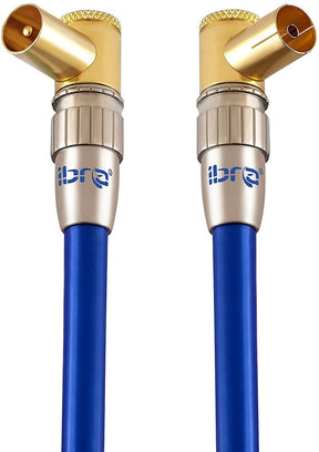 Premium RF Right Angle TV Aerial Freeview Plug Video Cable & Coupler GOLD 0.5m - IBRA Blue Gold