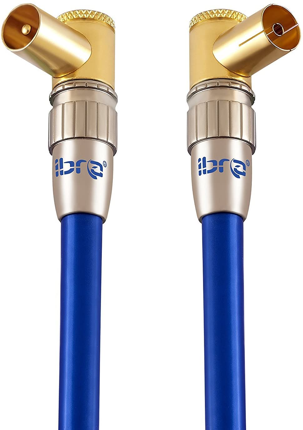 Premium RF Right Angle TV Aerial Freeview Plug Video Cable & Coupler GOLD 0.5m - IBRA Blue Gold