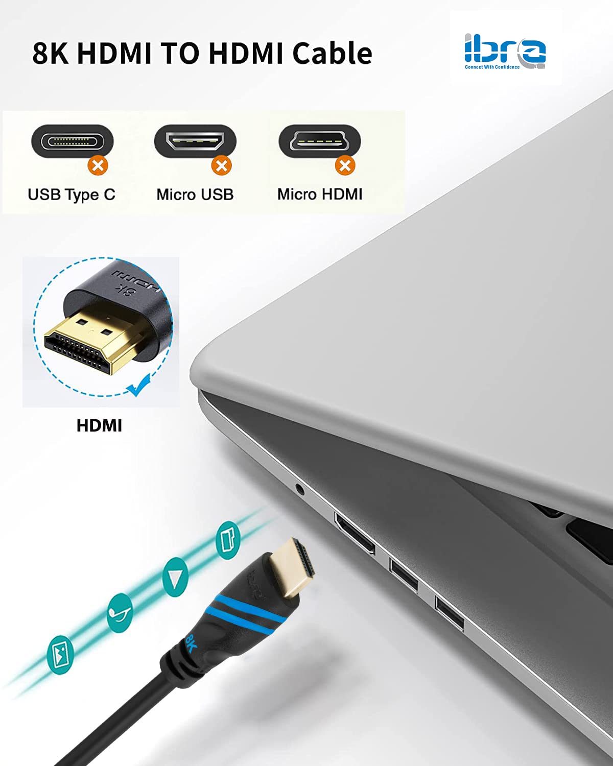 2.1 HDMI Cable 8K, 2M Ultra High-Speed 48Gbps Lead - IBRA Basics Series