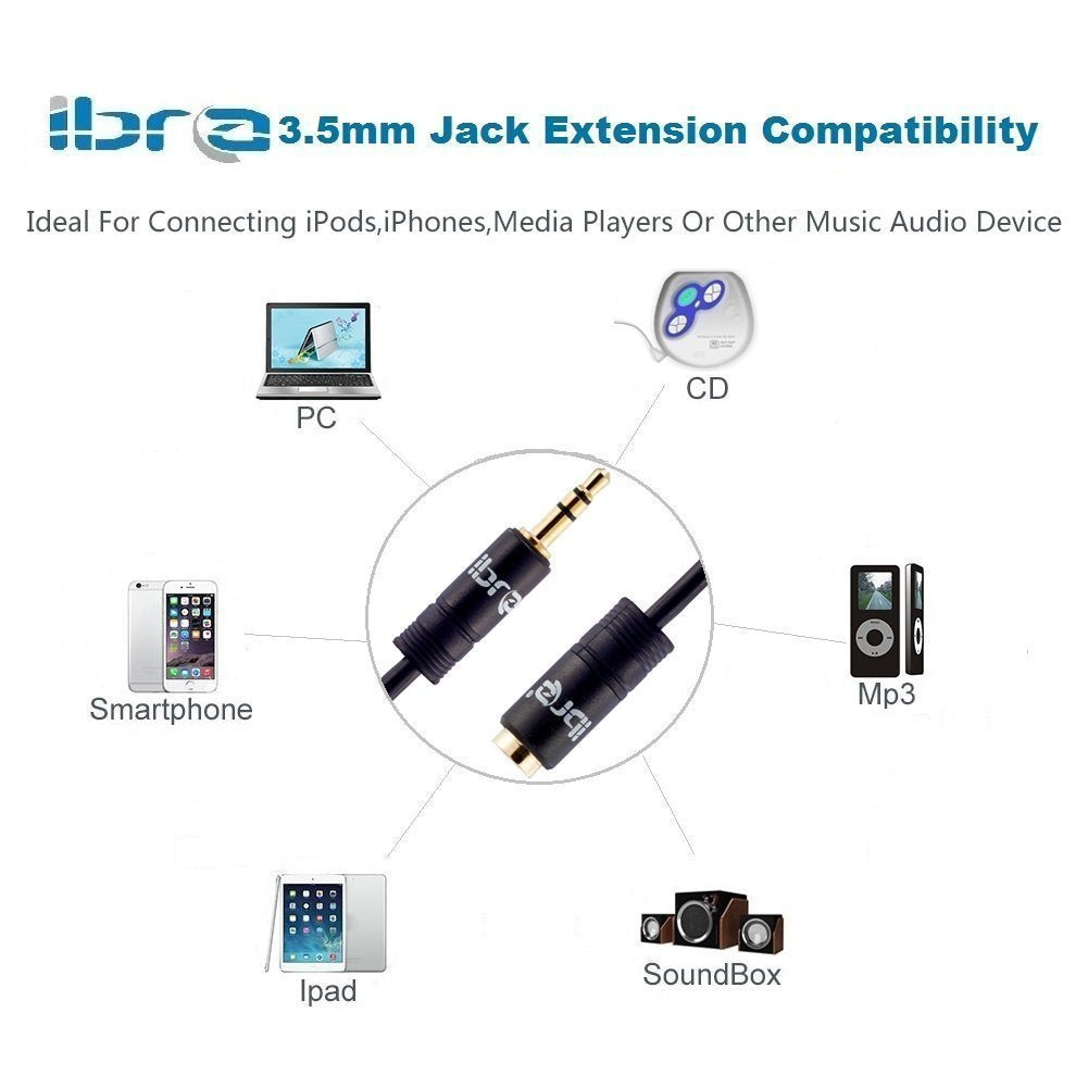 IBRA 10M Stereo Jack Extension Cable 3.5mm Male > 3.5mm Female - Black