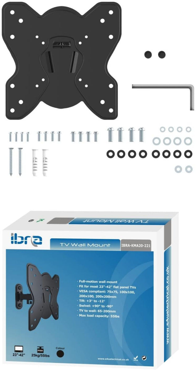 IBRA Ultra Slim Tilt Swivel TV Wall Bracket Mount - For 23-42 Inch OLED QLED LED LCD Plasma Screens | Weight Capacity - 25kgs/55lbs | Max VESA 200x200