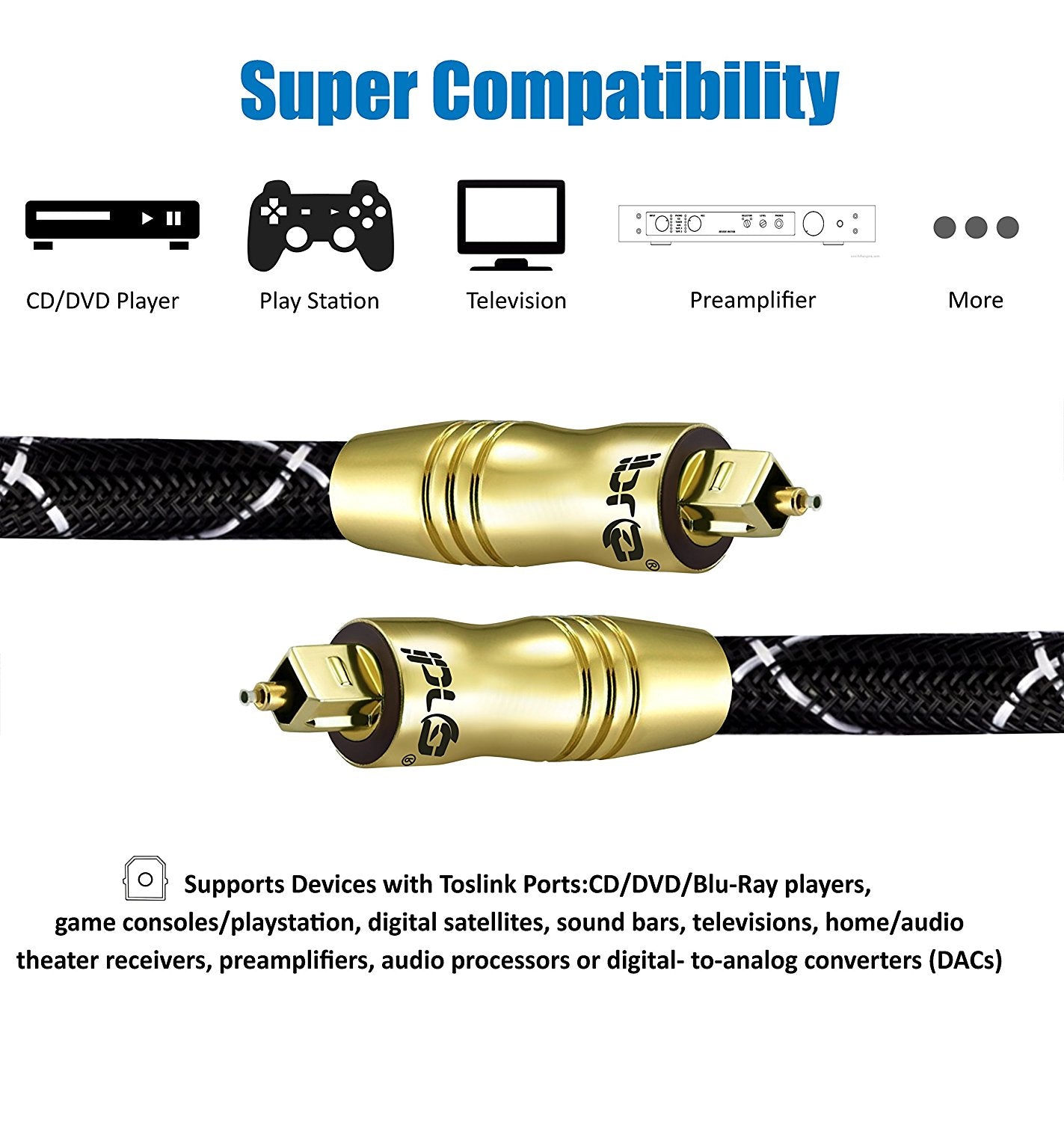 IBRA Black Master 3M - Optical TOSLINK Digital Audio Cable - Fiber Optic Cable - 24K Gold Casing - Compatible with PS3,Sky HD, HDtvs, Blu-rays, AV Amps