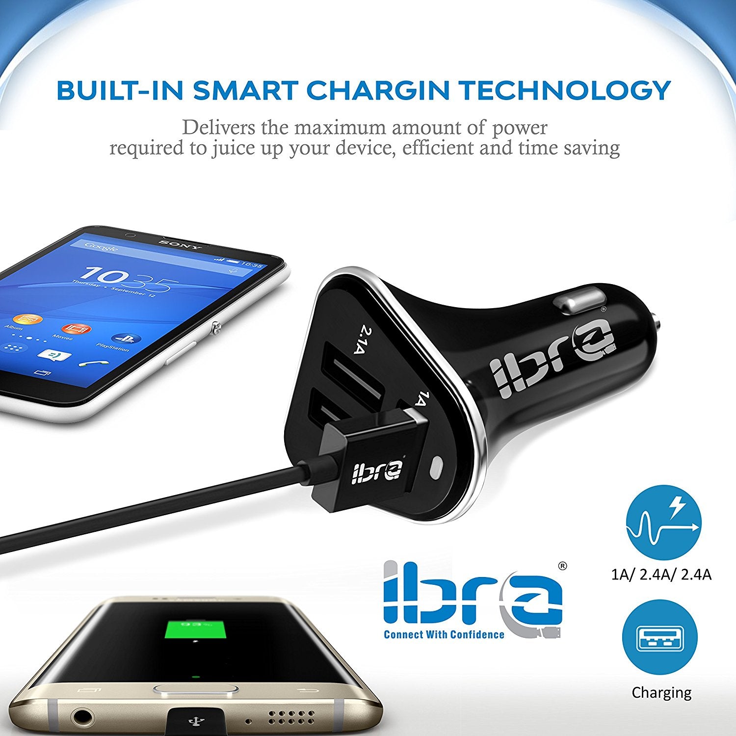 IBRA Car Charger, 3-Port 5.1A(2.1A 2A 1A) Aluminum Panel Rapid USB Car Charger for iPhone 6 6 Plus iPhone 5/5s/5c iPhone 4 4S iPad 1 2 3 iPad mini iPad Air iPod 5th iPod classic iPod nano iPod touch Samsung Galaxy Smartphones Tablets Android Smartphones