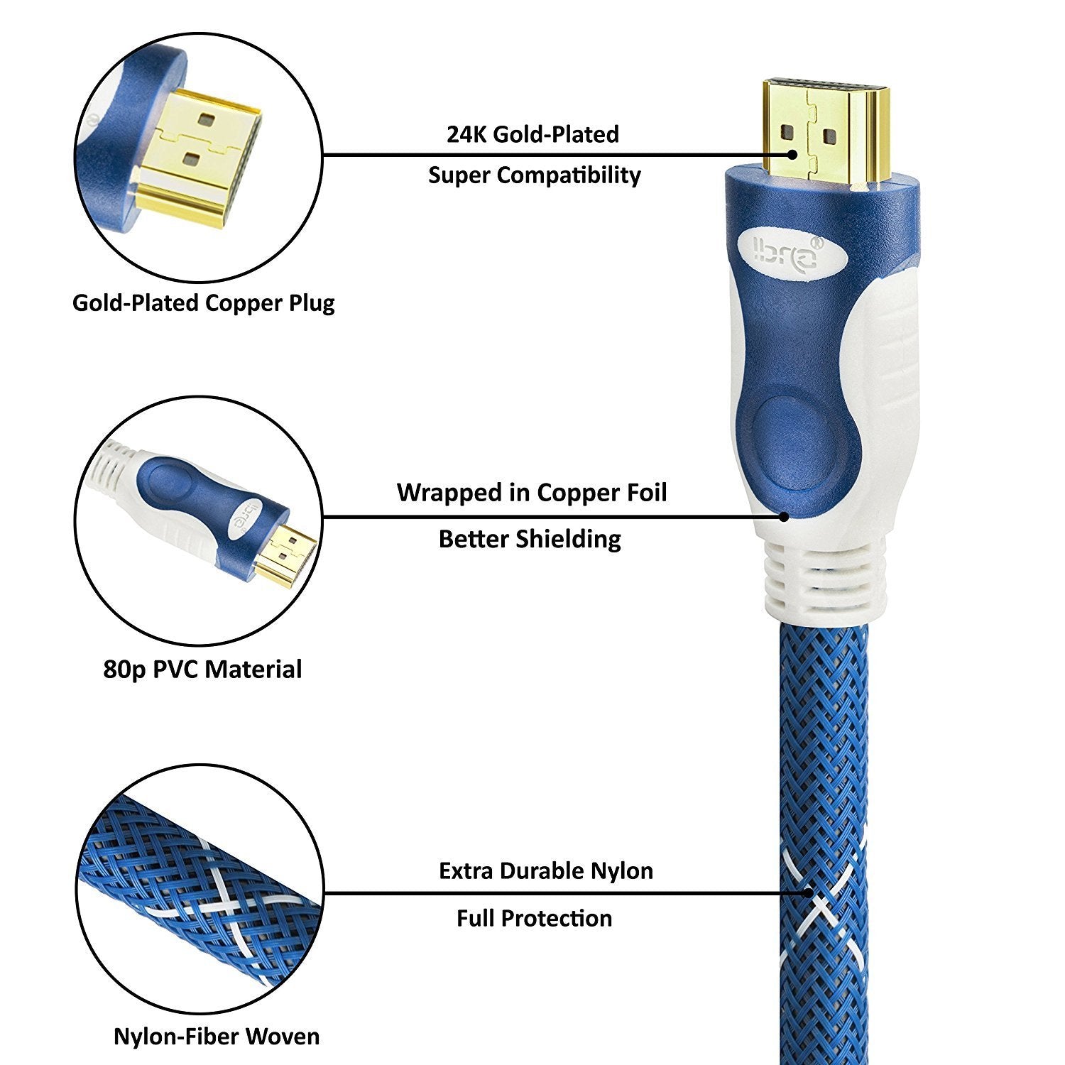 7M HDMI Cable High Speed v2.0/1.4a 18Gbps 2160p 3D TV PS4 SKY HD 4K@60Hz Ultra HD Ethernet Audio Return Virgin BT Nylon Braided - IBRA Promo Gold