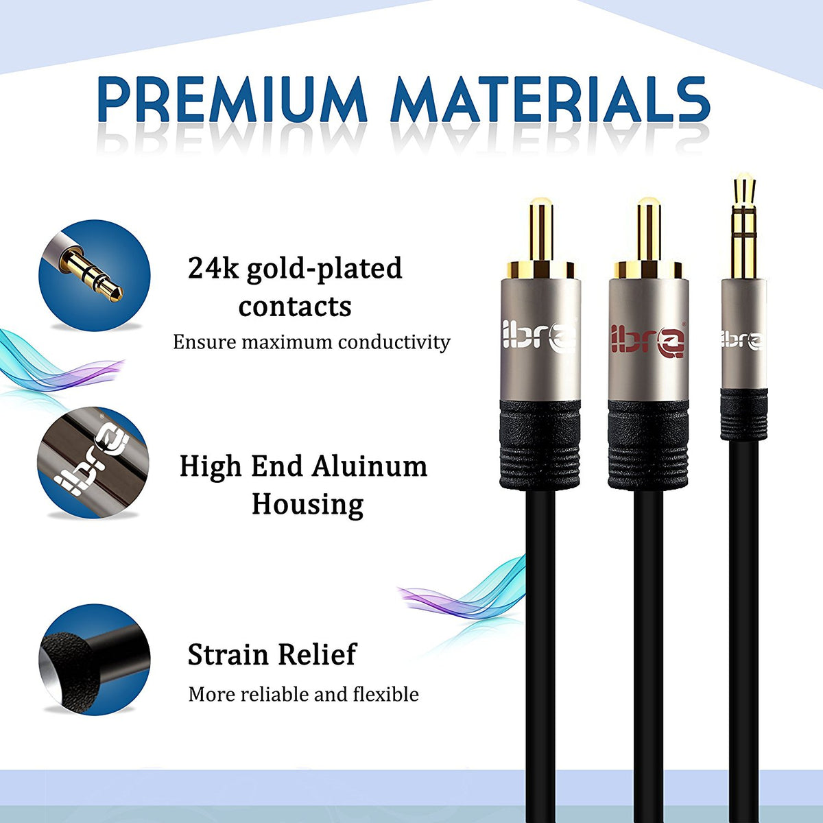 Premium 3.5mm Stereo Jack to 2 RCA Phono Plugs Audio Cable Lead GOLD 1m - IBRA