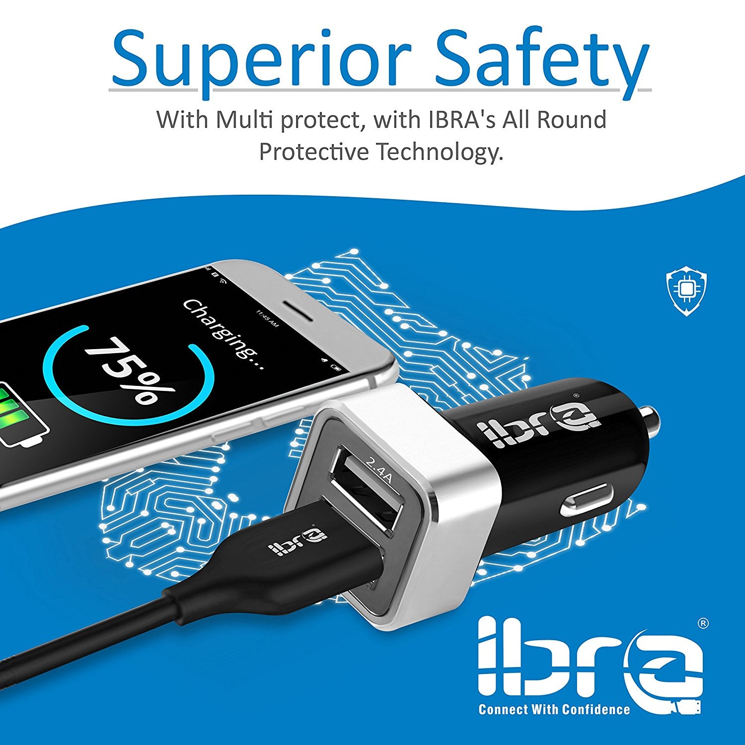 IBRA Dual USB Car Charger Adapter Support IPhone 5 / 4S / 4, iPad 1 / 2 / 3, Google Android Phones, LG, Samsung Galaxy S II III Note,(Support All iPod, iPhone, iPad Models) (Black)