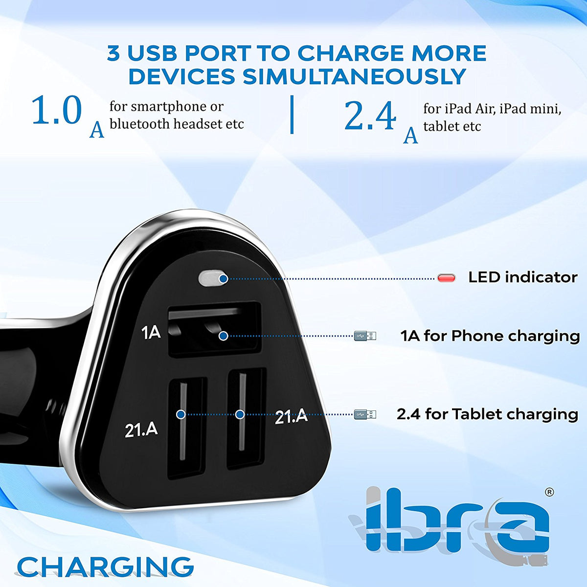 IBRA Car Charger, 3-Port 5.1A(2.1A 2A 1A) Aluminum Panel Rapid USB Car Charger for iPhone 6 6 Plus iPhone 5/5s/5c iPhone 4 4S iPad 1 2 3 iPad mini iPad Air iPod 5th iPod classic iPod nano iPod touch Samsung Galaxy Smartphones Tablets Android Smartphones