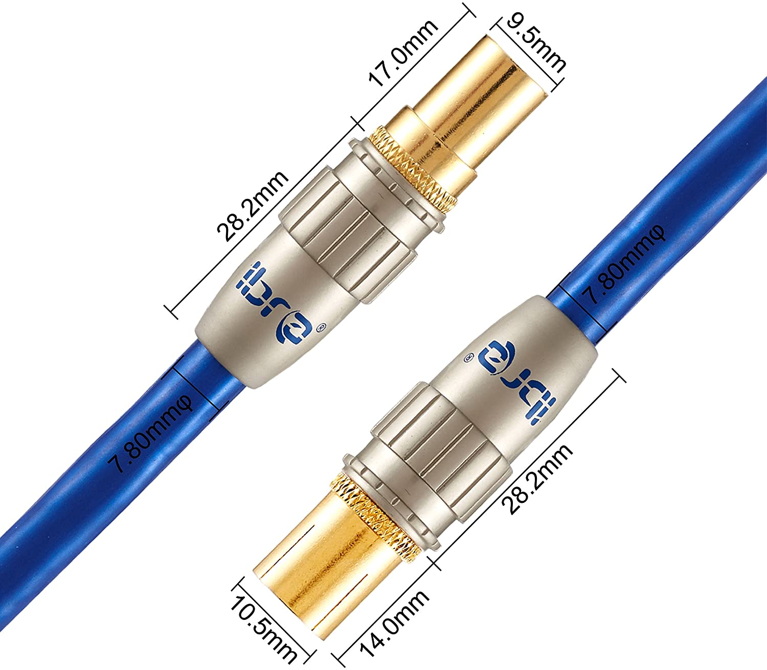 1m HDTV Antenna Cable|TV Aerial Cable|Premium Coaxial Cable|Connectors: Coax Male to Coax Female|For UHF/RF/DVB-T/DVB-T2 TVs, VCRs, DVD players, DVRs, cable boxes and satellite| IBRA Blue Gold