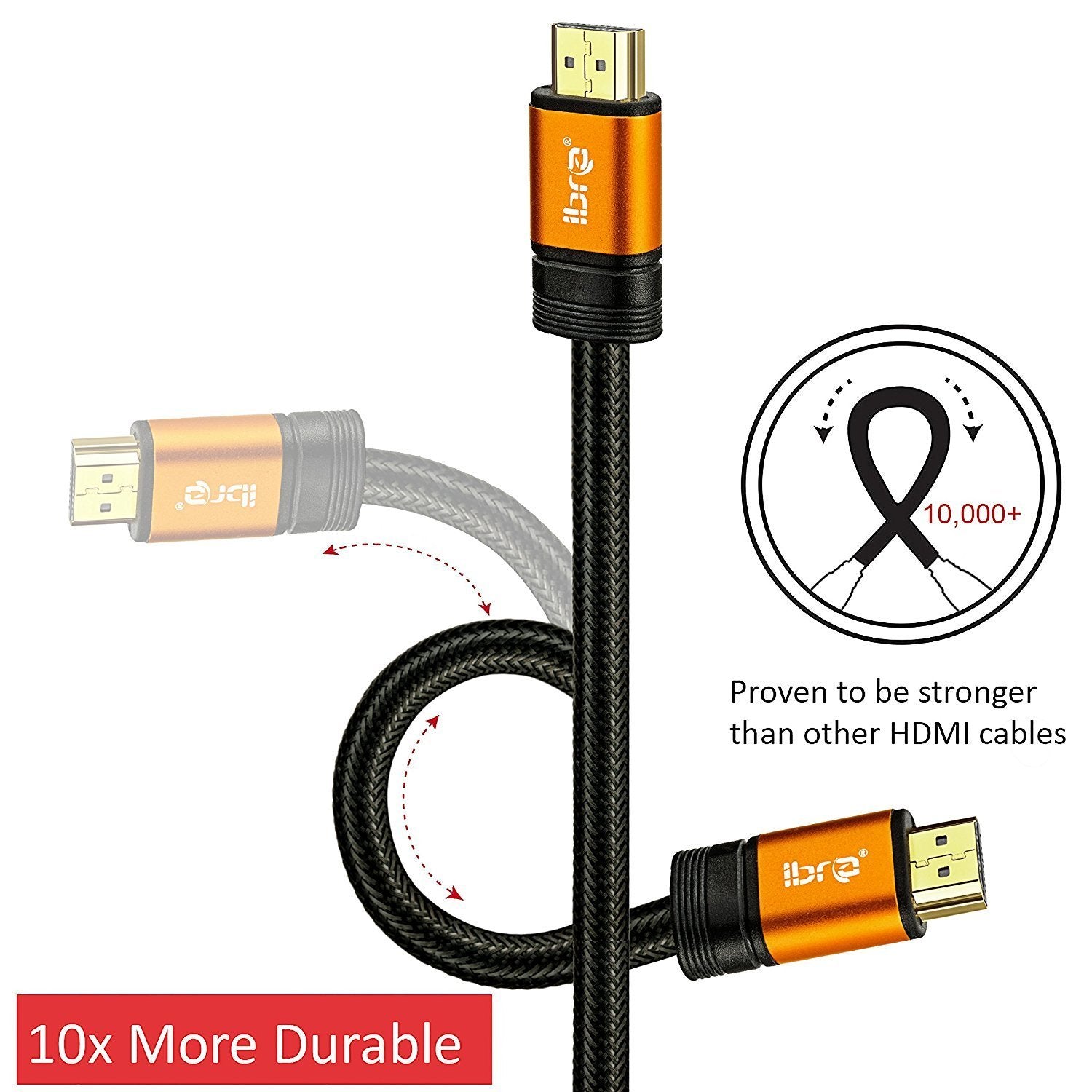 IBRA Orange HDMI Cable 15M - UHD HDMI 2.0 (4K) Ready -18Gbps-28AWG Braided Cord -Gold Plated Connectors -Ethernet,Audio Return-Video 4K 2160p,HD 1080p,3D -Xbox PlayStation PS3 PS4 PC Apple TV