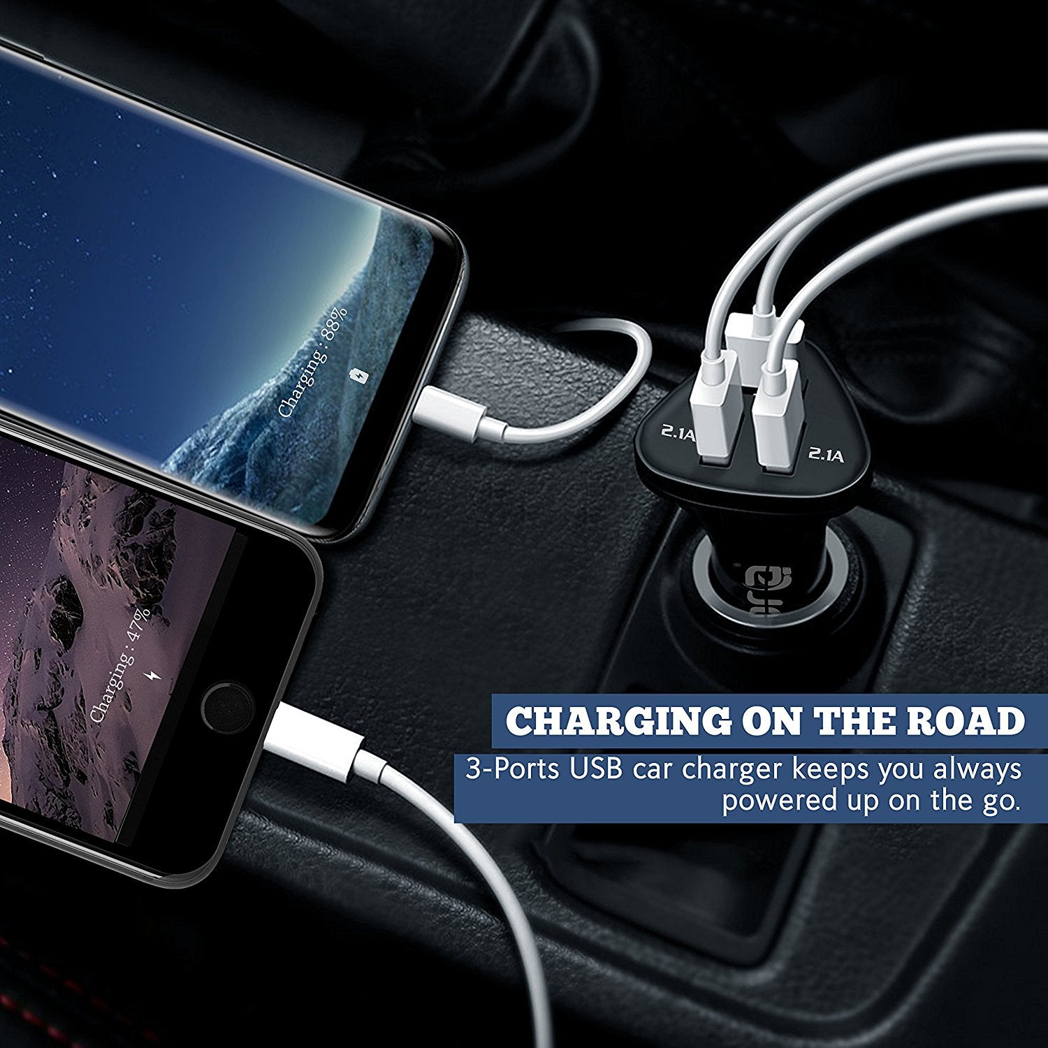 IBRA Car Charger, 3-Port 5.1A(2.1A 2A 1A) Aluminum Panel Rapid USB Car Charger for iPhone 6 6 Plus iPhone 5/5s/5c iPhone 4 4S iPad 1 2 3 iPad mini iPad Air iPod 5th iPod classic iPod nano iPod touch Samsung Galaxy Smartphones Tablets Android Smartphones