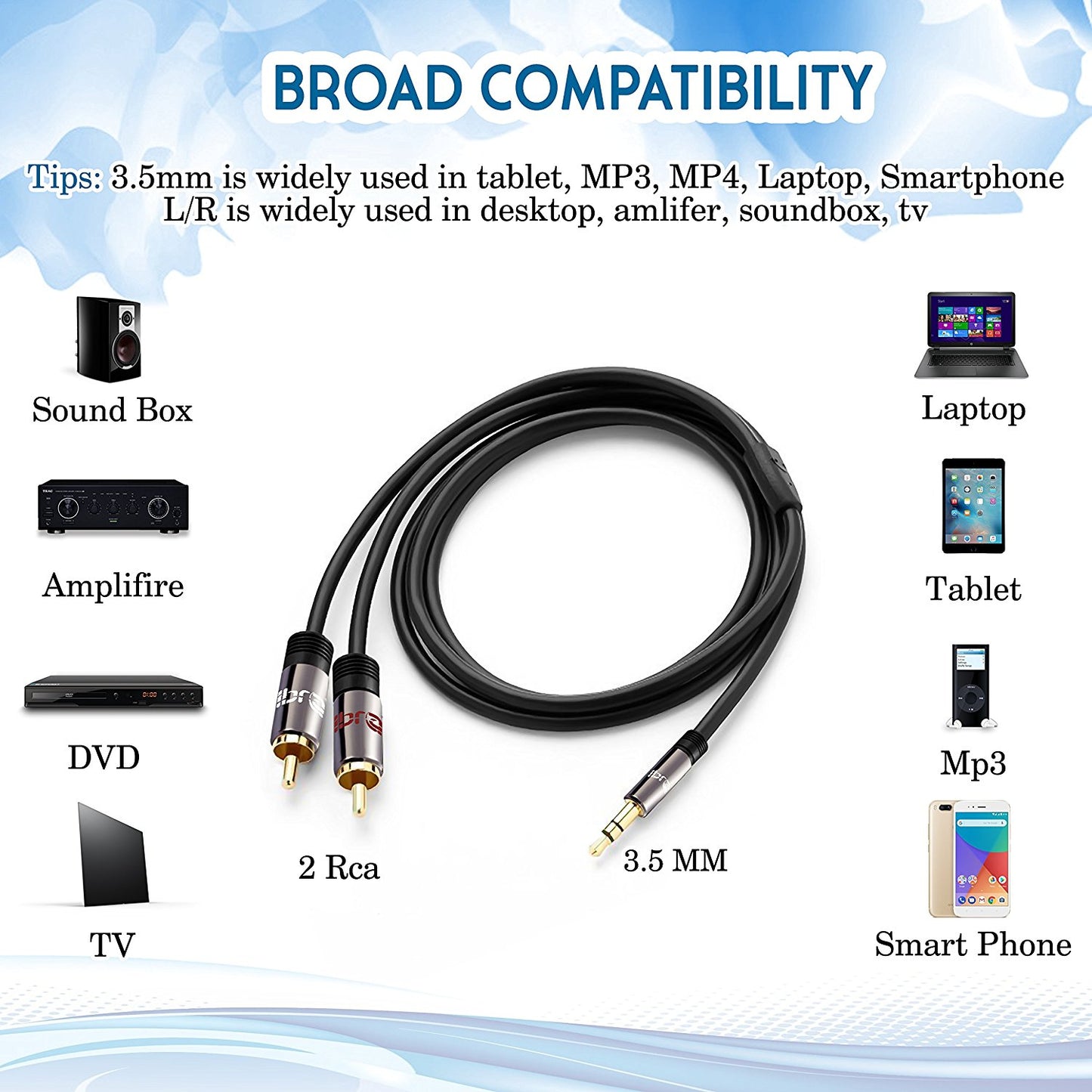 Premium 3.5mm Stereo Jack to 2 RCA Phono Plugs Audio Cable Lead GOLD 15m - IBRA