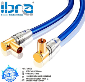 12.5m IBRA HDTV Antenna Cable | TV Aerial Cable with 90 Degree Right Angled Connectors | Premium Freeview Coaxial Cable | 90° Angled Connectors: Coax Male to Female |For UHV/UHF/RF DVB-T1/T2