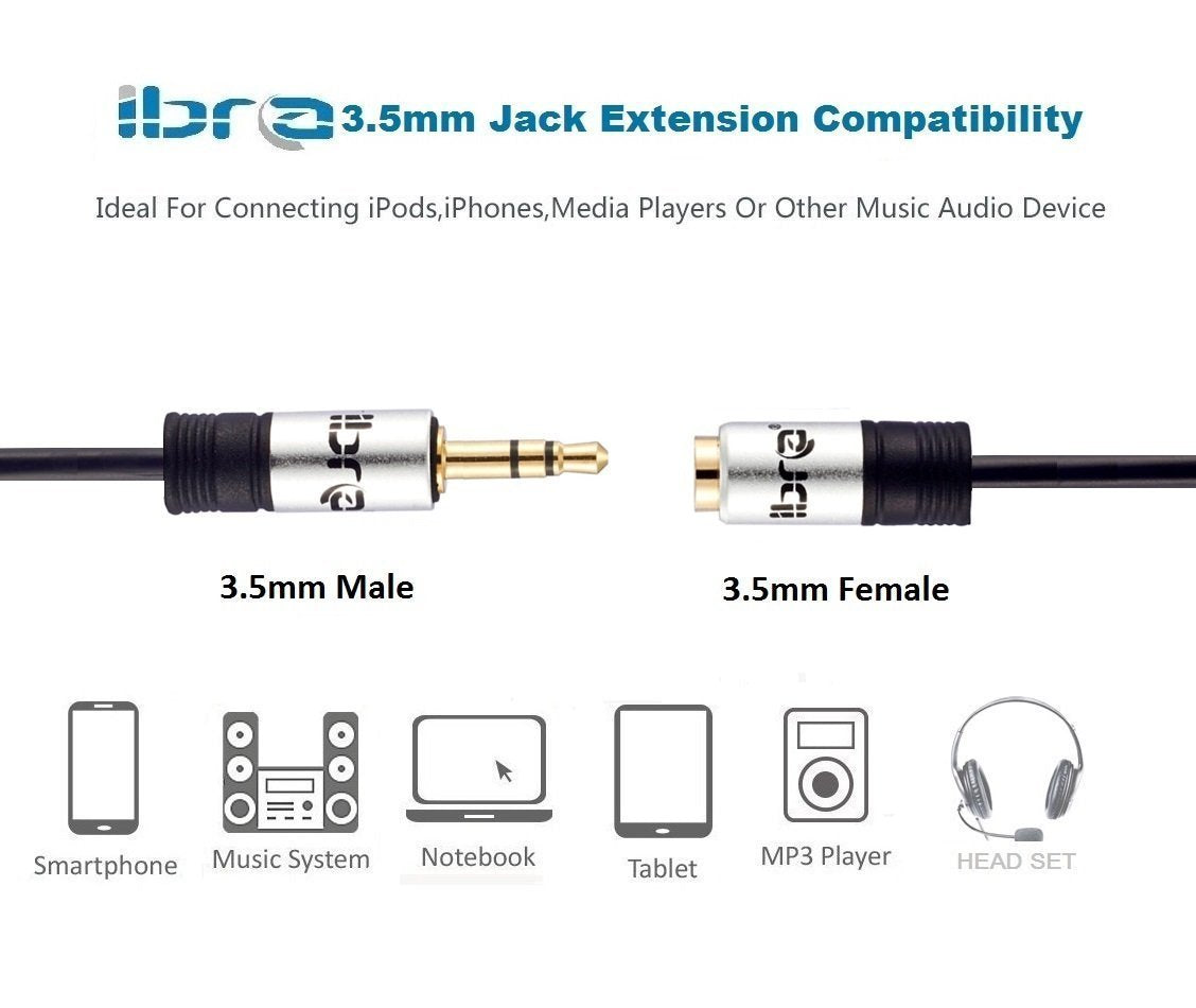 IBRA 1M Stereo Jack Extension Cable 3.5mm Male > 3.5mm Female - Silver