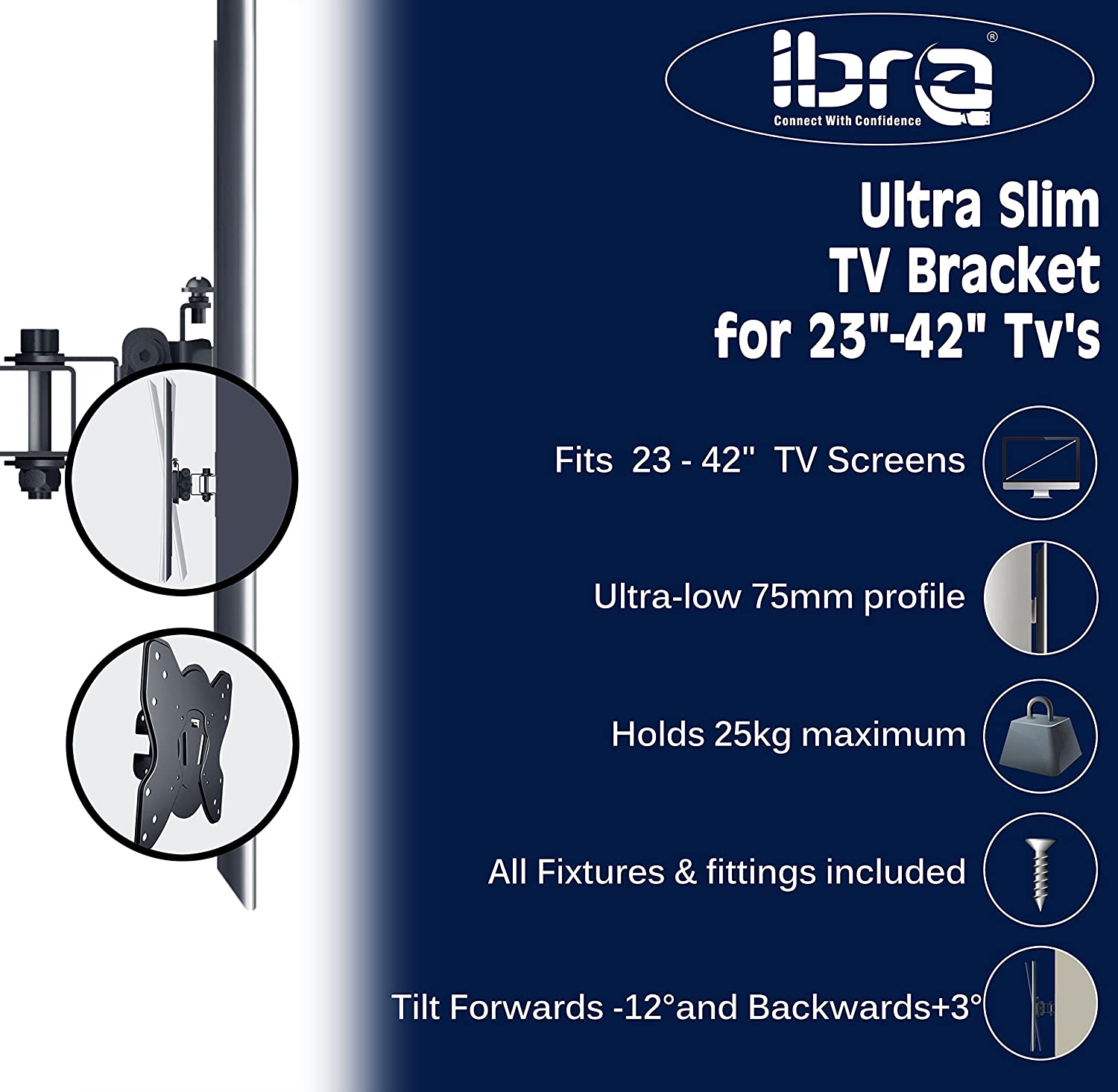 IBRA Ultra Slim Tilt Swivel TV Wall Bracket Mount - For 23-42 Inch OLED QLED LED LCD Flat Panel TVs | Weight Capacity - 25kgs/55lbs | Max VESA 200x200