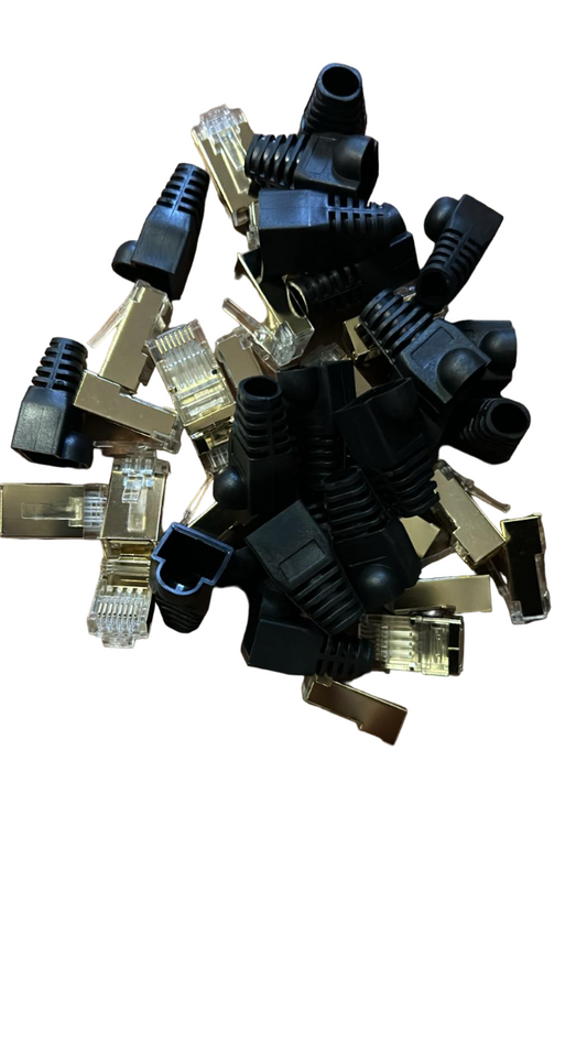 IBRA CAT7 RJ45 Plug Connectors Shielded with Plastic End Shield Black Boots for Ethernet Cable – High-Performance Networking Solution for Secure and Reliable Connections - 10 Pieces