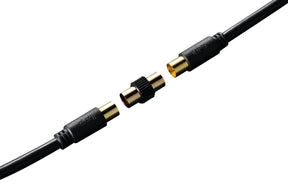 IBRA Aerial Coaxial Cable 2M with Gold-Plated Connectors, Male to Male RF Coax Lead with Female Adapter Coupler for Freeview, Freesat, Sky, Virgin, BT, You View, Satellite TV - Black