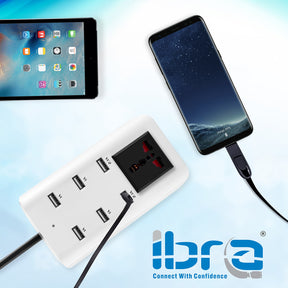 IBRA Power Strip, Extension Lead 1 Way Outlet with USB Charger 6 USB Ports 8.2A Charger Power Socket UK Plug Adaptor Surge Protector USB Socket for iPhone iPad Smartphones Tablets Computers etc