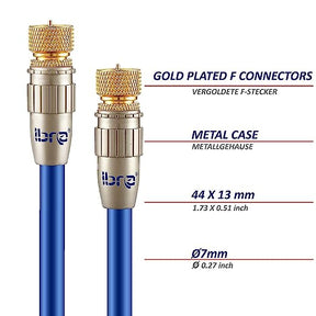 IBRA 1m HDTV Satellite Cable | Coaxial SAT Cable 75 Ohm | Connector: F - Pin to F - Pin | For UHV / RF / DVB-T and DVB-T2, Radio (FM / DAB / DAB +) | Metal Connector and High End Shielding