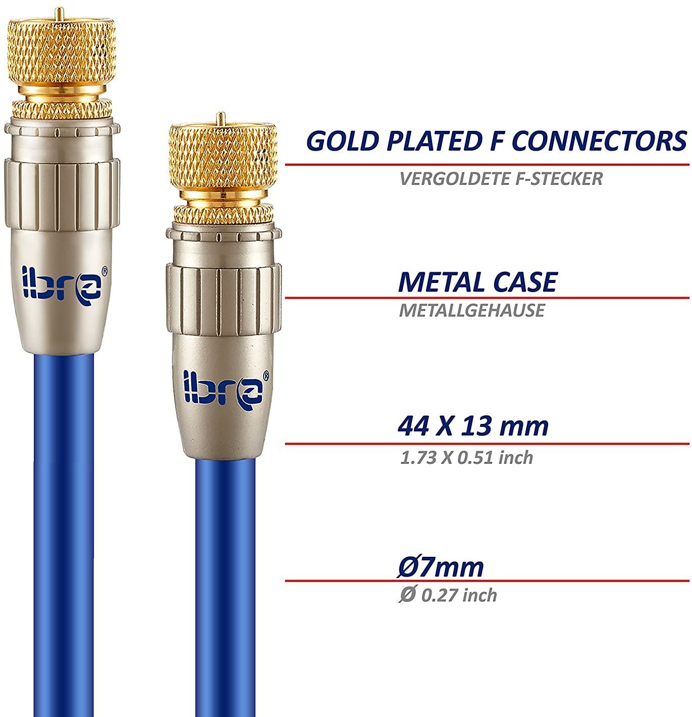 IBRA 10m HDTV Satellite Cable | Coaxial SAT Cable 75 Ohm | Connector: F - Pin to F - Pin | For UHV / RF / DVB-T and DVB-T2, Radio (FM / DAB / DAB +) | Metal Connector and High End Shielding