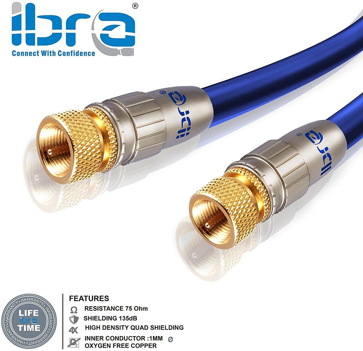 IBRA 5m HDTV Satellite Cable | Coaxial SAT Cable 75 Ohm | Connector: F - Pin to F - Pin | For UHV / RF / DVB-T and DVB-T2, Radio (FM / DAB / DAB +) | Metal Connector and High End Shielding