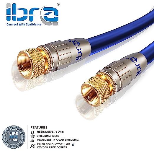 IBRA 0.5m HDTV Satellite Cable | Coaxial SAT Cable 75 Ohm | Connector: F - Pin to F - Pin | For UHV / RF / DVB-T and DVB-T2, Radio (FM / DAB / DAB +) | Metal Connector and High End Shielding