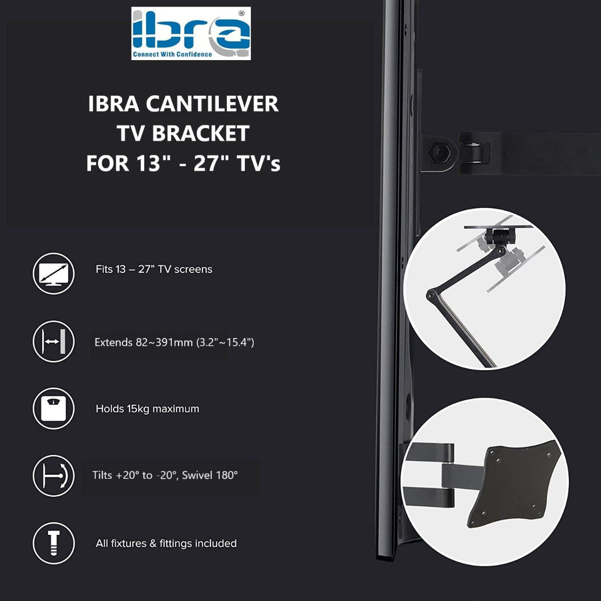 IBRA TV Wall Mount Articulating Corner Bracket 13-27 inch Monitor OLED LED LCD and Curved Tv's, Tilt Swivel Arm Full Motion TV Wall mount