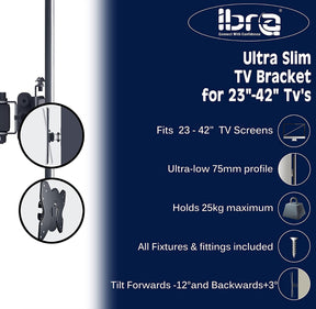 IBRA Ultra Slim Tilt Swivel TV Wall Bracket Mount - For 23-42 Inch OLED QLED LED LCD Plasma Screens | Weight Capacity - 25kgs/55lbs | Max VESA 200x200