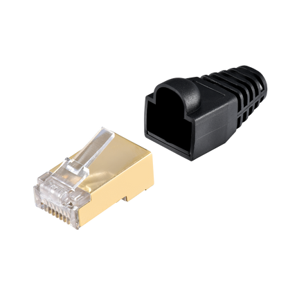 IBRA CAT7 RJ45 Plug Connectors Shielded with Plastic End Shield Black Boots for Ethernet Cable – High-Performance Networking Solution for Secure and Reliable Connections - 10 Pieces