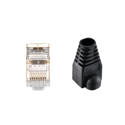 IBRA CAT7 RJ45 Plug Connectors Shielded with Plastic End Shield Black Boots for Ethernet Cable – High-Performance Networking Solution for Secure and Reliable Connections - 10 Pieces