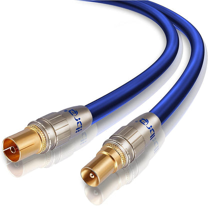 7.5m HDTV Antenna Cable|TV Aerial Cable|Premium Coaxial Cable|Connectors: Coax Male to Coax Female|For UHF/RF/DVB-T/DVB-T2 TVs, VCRs, DVD players, DVRs, cable boxes and satellite| IBRA Blue Gold