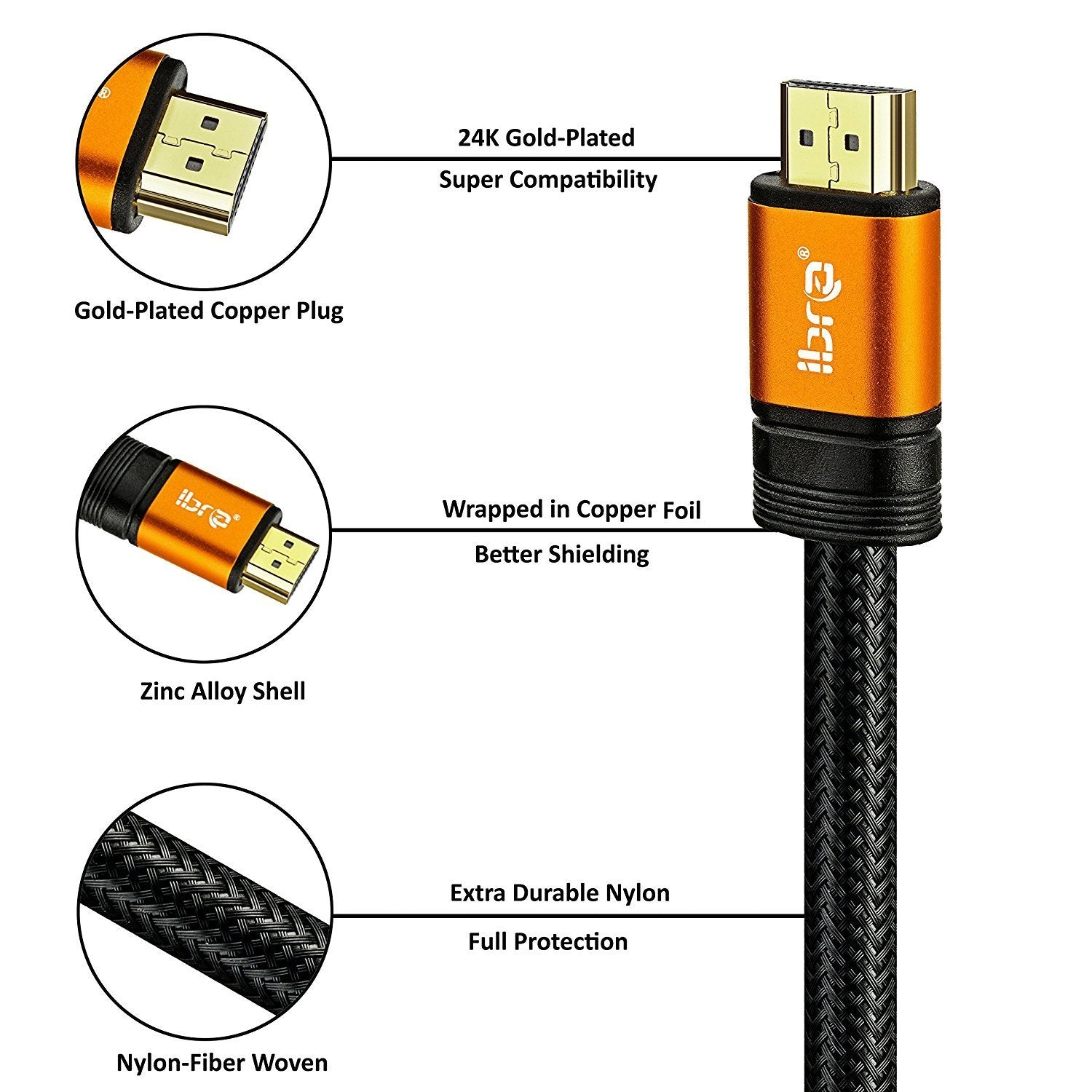 IBRA Orange HDMI Cable 1M - UHD HDMI 2.0 (4K@60Hz) Ready -18Gbps-28AWG Braided Cord -Gold Plated Connectors -Ethernet,Audio Return-Video 4K 2160p,HD 1080p,3D -Xbox PlayStation PS3 PS4 PC Apple TV