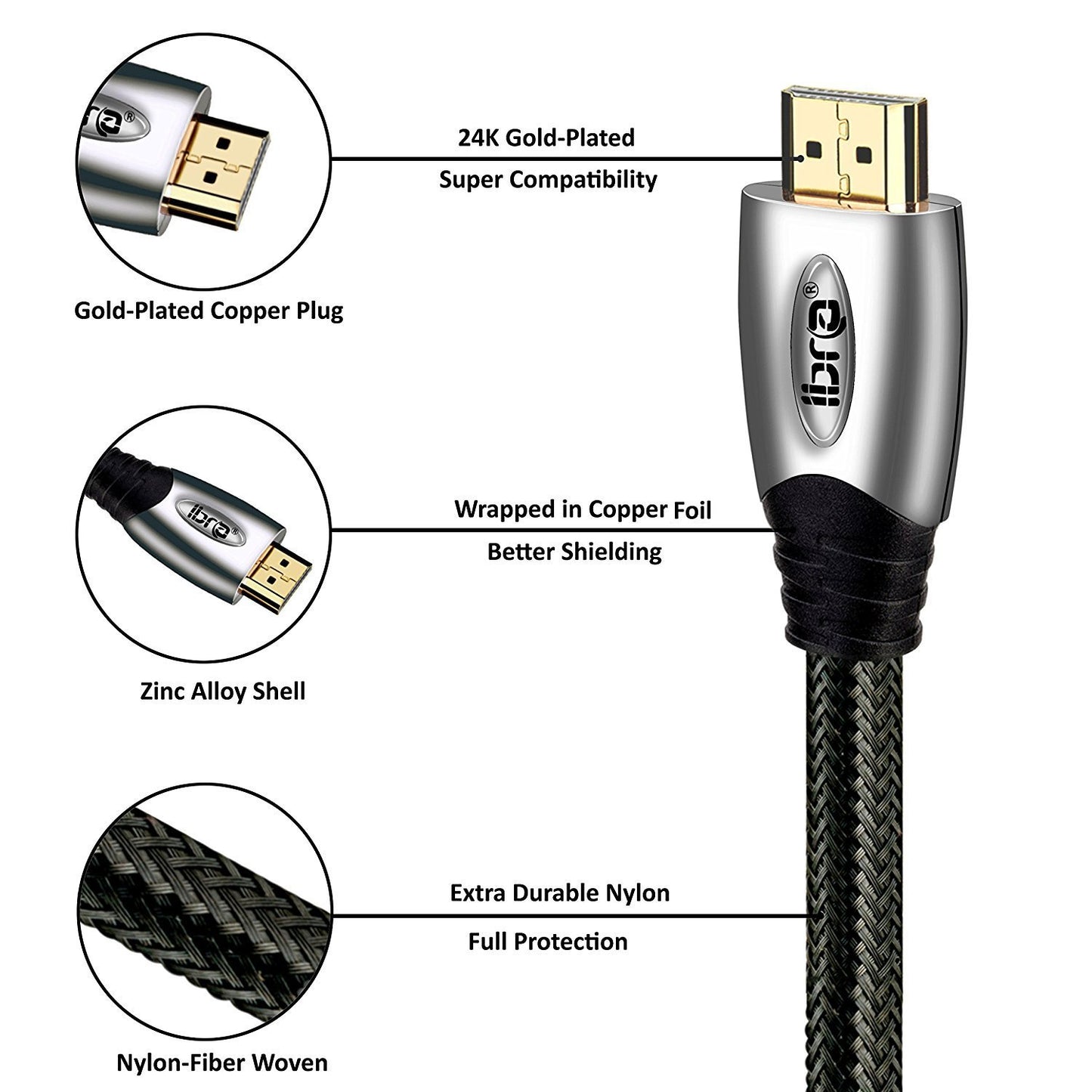 High Speed HDMI Cable v2.0/1.4a 18Gbps 3D TV 2160p PS4 SKY HD 4K Ready Ultra HD Ethernet Audio Return Virgin BT Gold Connectors Nylon Braided - 15M - IBRA PLATINUM