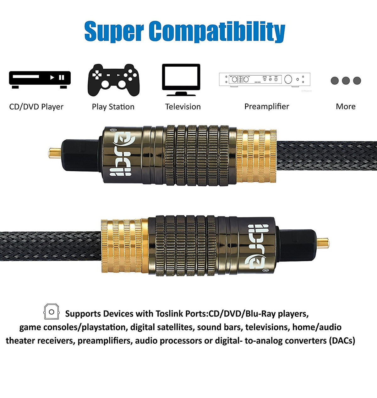 IBRA Muzil Gold 1.5M - Digital Optical Cable | Toslink / Audio Cable | Fibre Optic Cable | Suitable for PS3, Sky, Sky HD, LCD, LED, Plasma, Blu-ray, AV Amps
