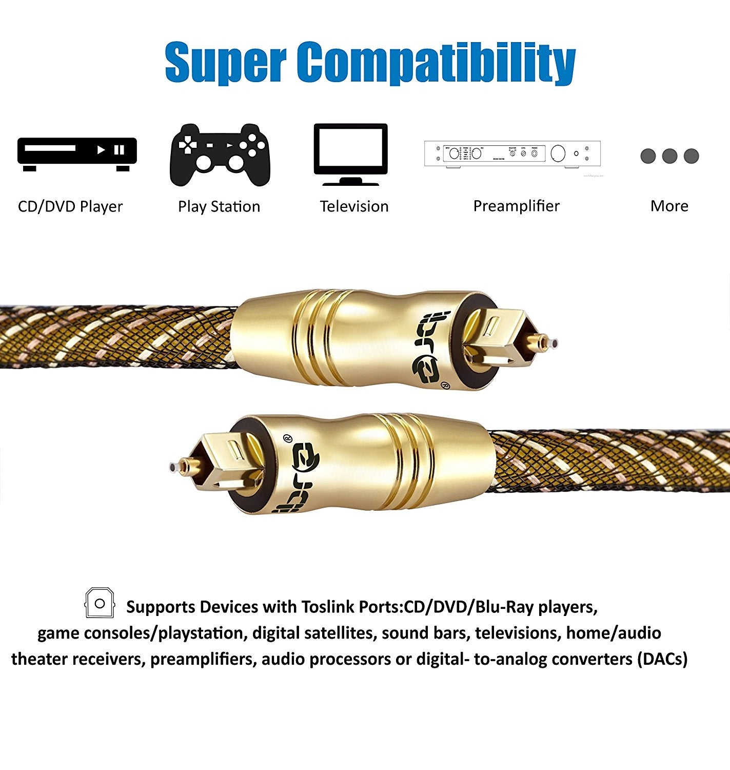 IBRA 15M Master Gold Optical TOSLINK Digital Audio Cable - Suitable for PS3, Sky, Sky HD, LCD, LED, Plasma, Blu-ray, Home Cinema Systems, AV Amps