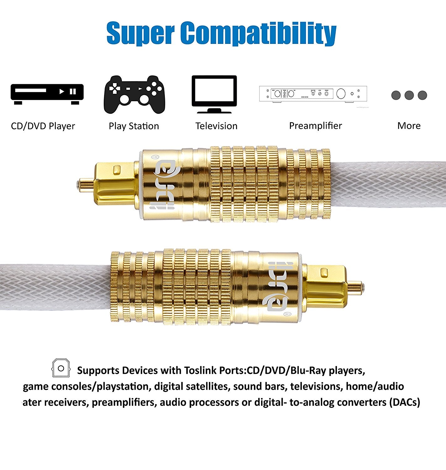 Optical Toslink Digital Audio Cable - 24k Gold Casing - Suitable for PS3,Sky,Sky HD,LCD,LED,Plasma, Blu Ray to Connect with Home Cinema Systems,AV Amps - 3M - IBRA PREMIUM WHITE