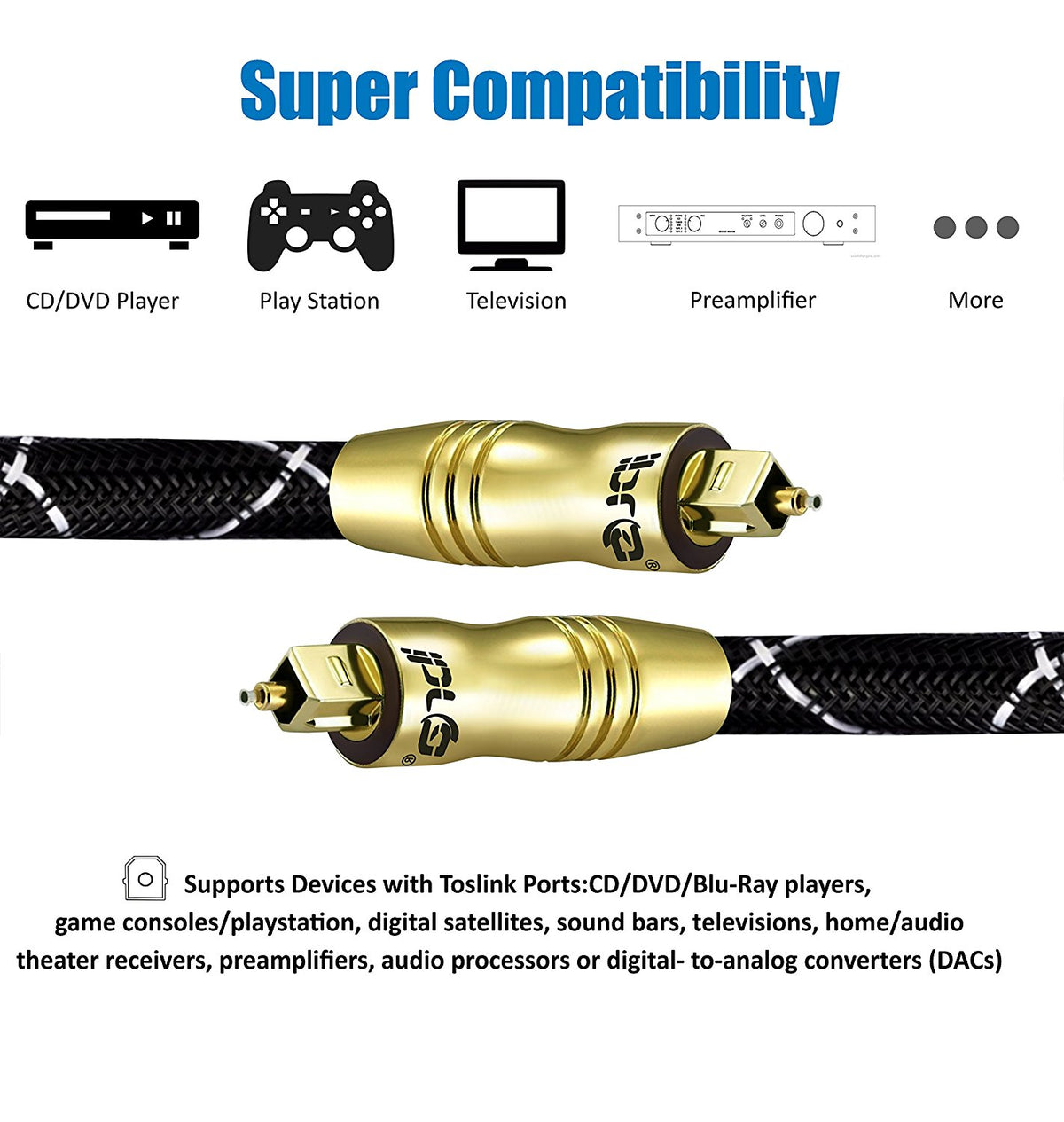 IBRA Black Master 2M - Optical TOSLINK Digital Audio Cable - Fiber Optic Cable - 24K Gold Casing - Compatible with PS3,Sky HD, HDtvs, Blu-rays, AV Amps