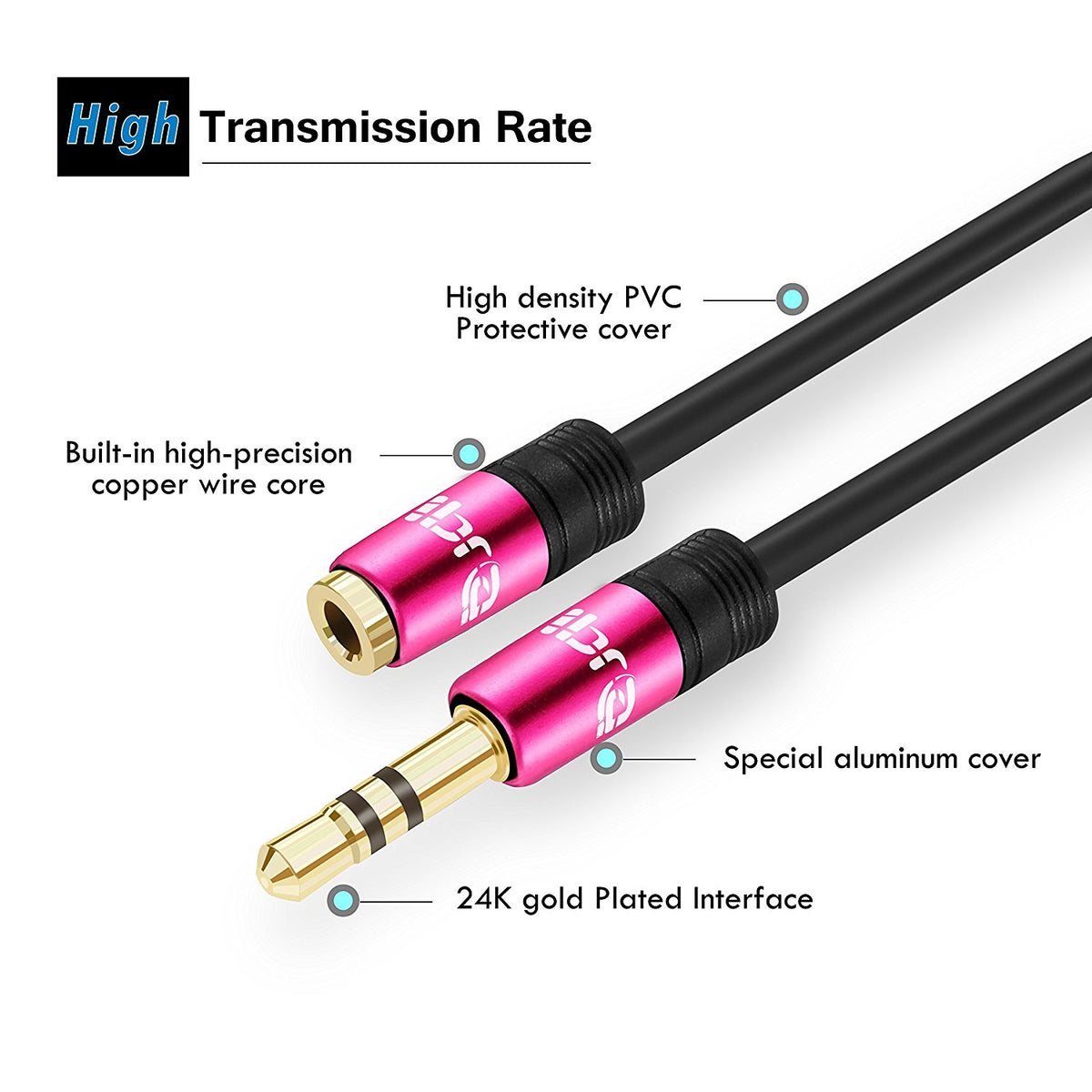 IBRA 2M Stereo Jack Extension Cable 3.5mm Male > 3.5mm Female - Pink