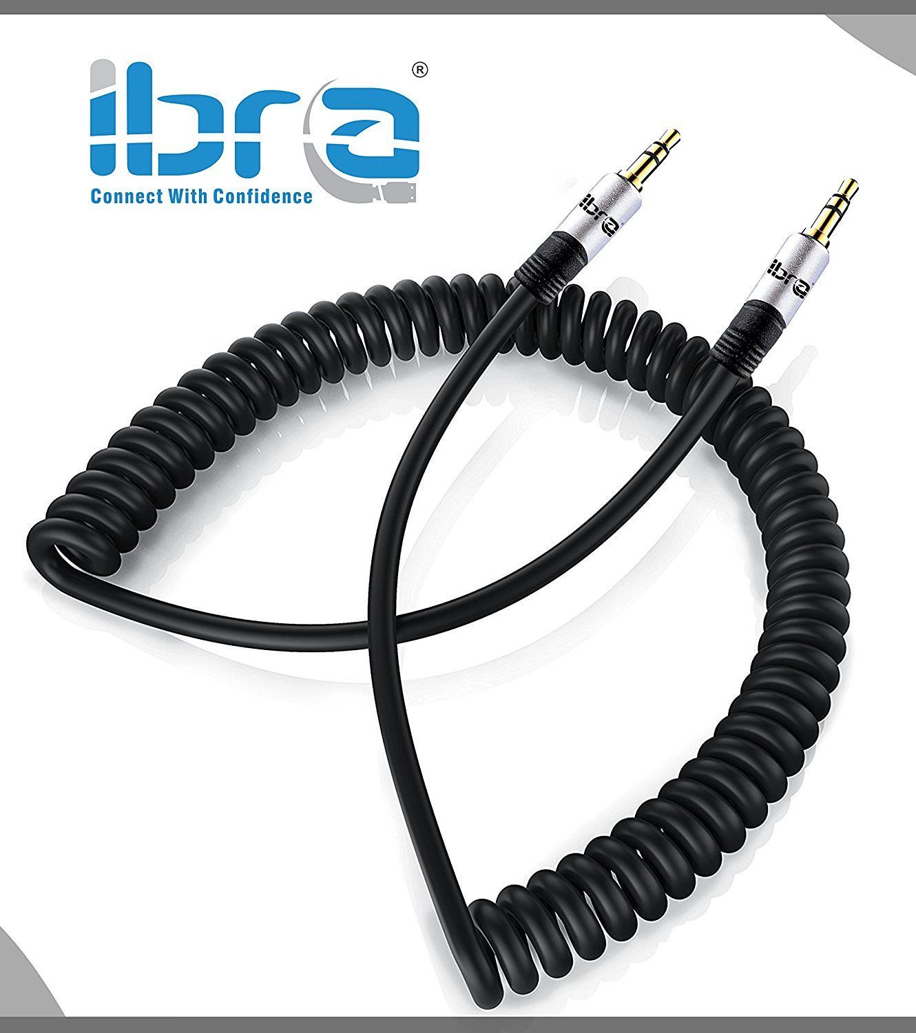 Spiral Aux Cable 2M 3.5mm Stereo Premium Auxiliary Audio Coiled Cable - for Beats Headphones Apple iPod iPhone iPad Samsung LG Smartphone MP3 Player Home / Car etc - IBRA Silver
