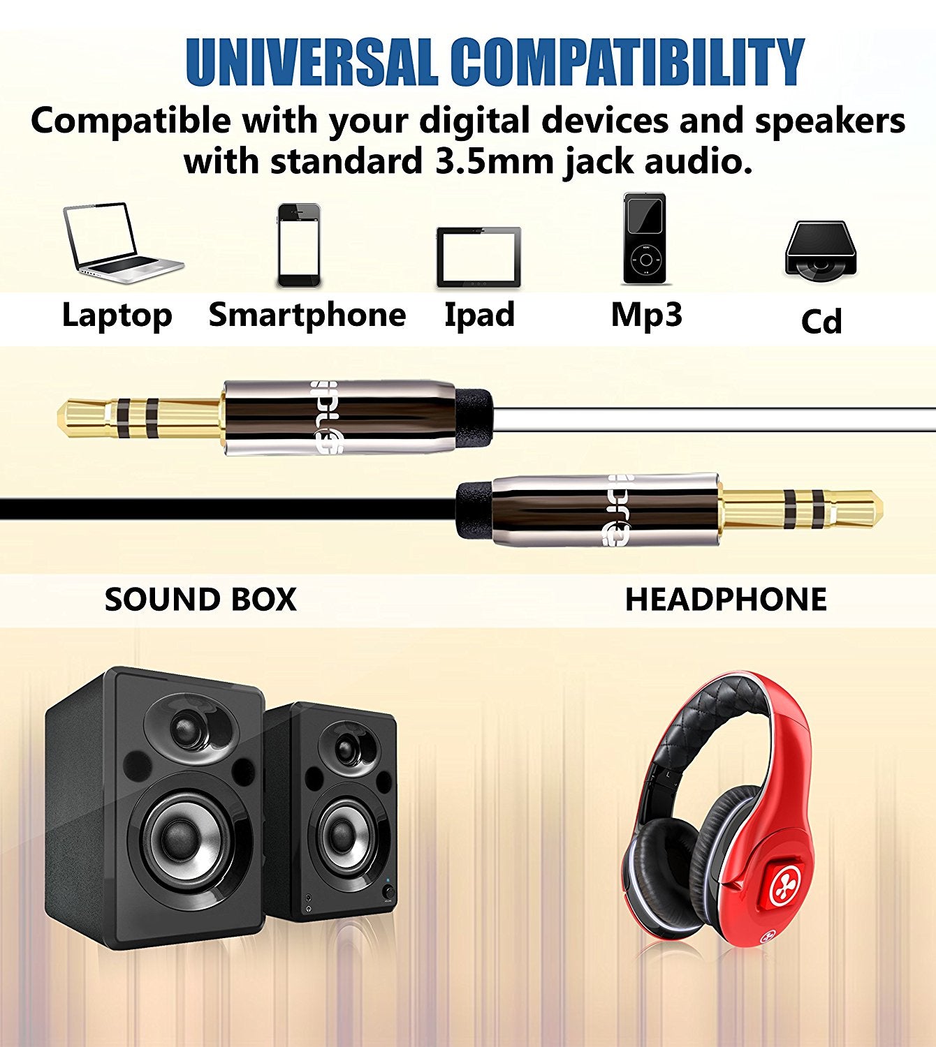 IBRA Flat Aux Cable, 3.5mm Stereo Audio Jack to Jack Cable 2M for Beats Headphones, Apple iPod iPhone iPad, Home Car Stereos, Smartphones, MP3 Player, Speakers,24K Gold Plated Male - Black&White