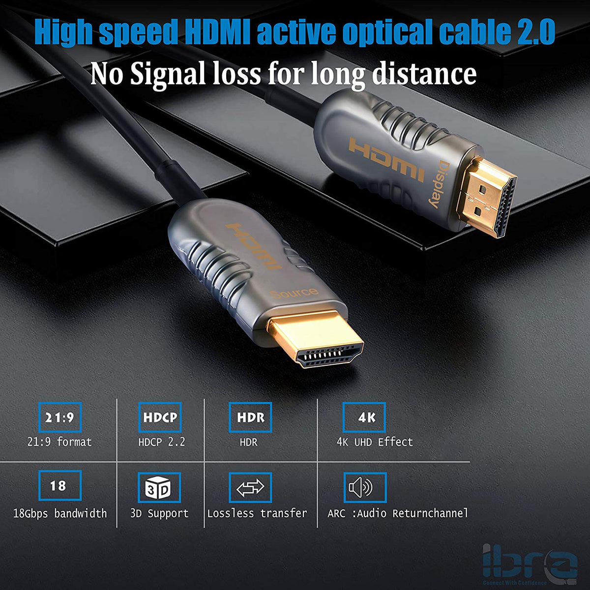 20M Fiber Optic HDMI High Speed Cable v2.0 18Gbps HDMI Lead Support 4K@60Hz/4:4:4/3D/4K HDR HDCP 2.2 for Apple TV, HDTV, Roku TV Box, Xbox One X, Home Theater, PS4, PS3 etc - IBRA OPTICAL HDMI Cable