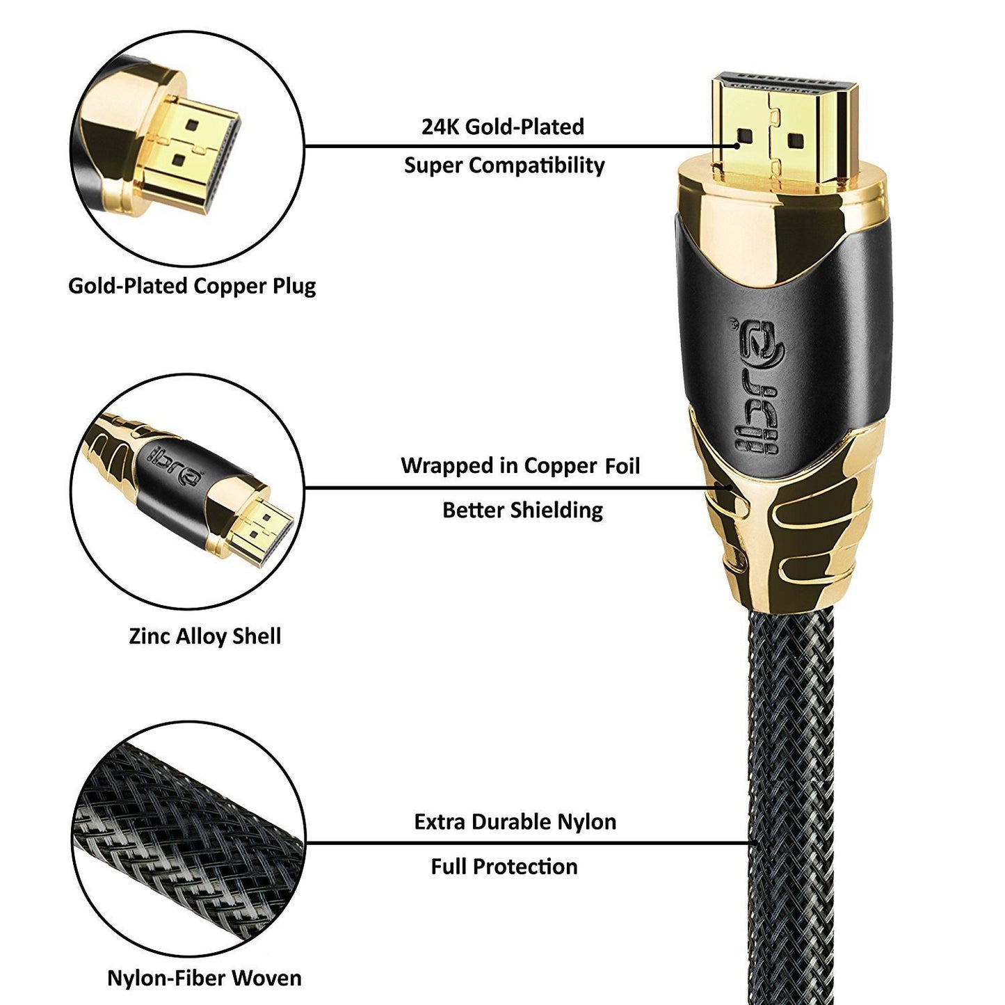 7.5M HDMI High Speed Cable v2.0/1.4a 18Gbps 2160p 3D TV PS4 SKY HD 4K@60Hz Ultra HD Ethernet Audio Return Virgin BT PC Laptop Nylon Braided- IBRA BLACK GOLD