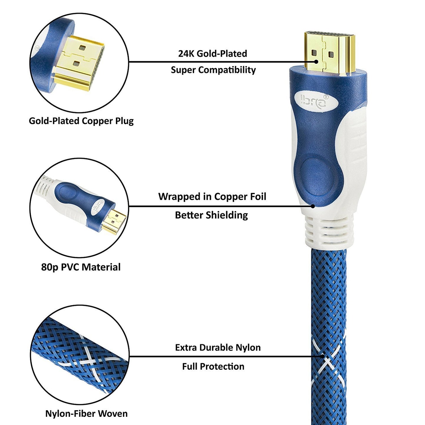 7M HDMI Cable High Speed v2.0/1.4a 18Gbps 2160p 3D TV PS4 SKY HD 4K@60Hz Ultra HD Ethernet Audio Return Virgin BT Nylon Braided - IBRA Promo Gold