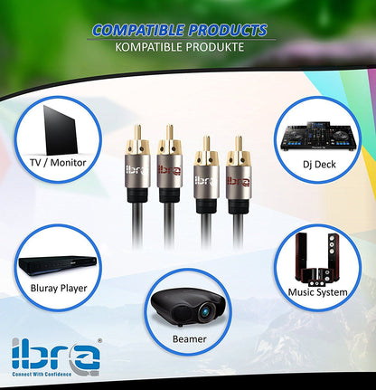 IBRA 2M 2RCA Male to 2RCA Male High Quality Home Theater Audio Cable -2RCA TO 2RCA Cable - Gun Metal Range