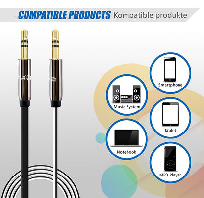 IBRA Flat Aux Cable, 3.5mm Stereo Audio Jack to Jack Cable 2M for Beats Headphones, Apple iPod iPhone iPad, Home Car Stereos, Smartphones, MP3 Player, Speakers,24K Gold Plated Male - Black&White