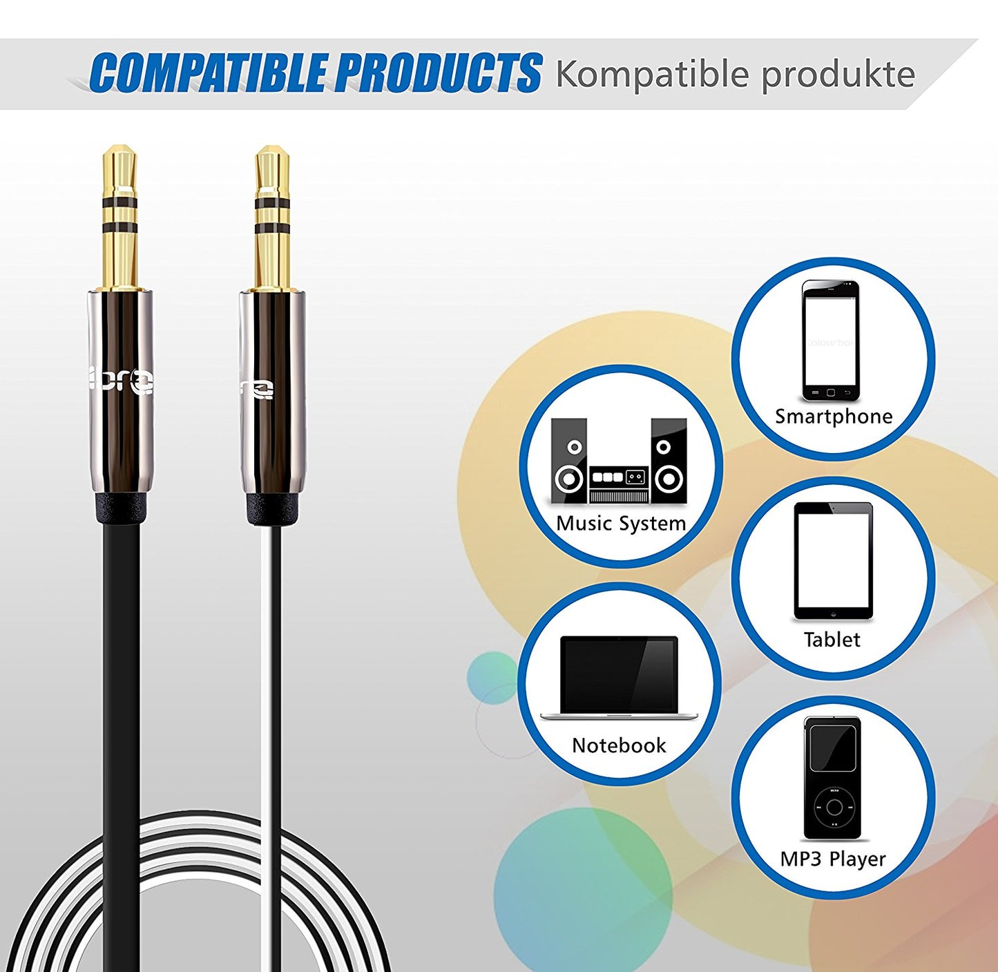 IBRA Flat Aux Cable, 3.5mm Stereo Audio Jack to Jack Cable 3M for Beats Headphones, Apple iPod iPhone iPad, Home Car Stereos, Smartphones, MP3 Player, Speakers,24K Gold Plated Male - Black&White